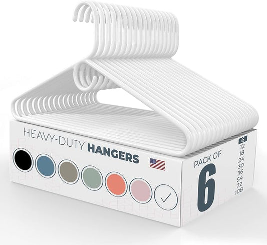 Heavy Duty Clothes Hangers 6 Pack – Made in the USA – 8lb Capacity Plastic Hangers for Adult Clothing – Durable for Pants, Coats, Jackets, or Jeans – White