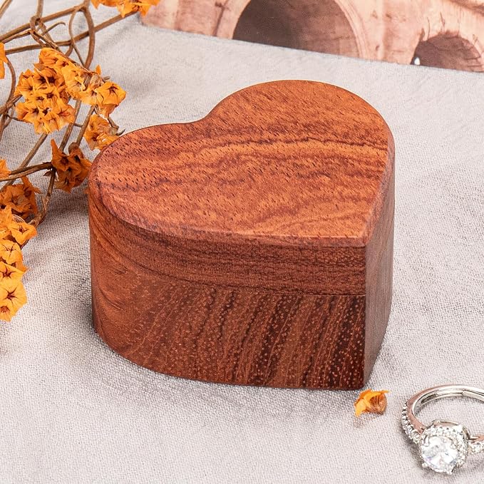 Engagement Proposal Ring Box Secret Slim Rose Wooden Heart Case | Rose Wood Ring Bearer Box Jewelry Storage Holder Display for Wedding Ceremony Commemoration