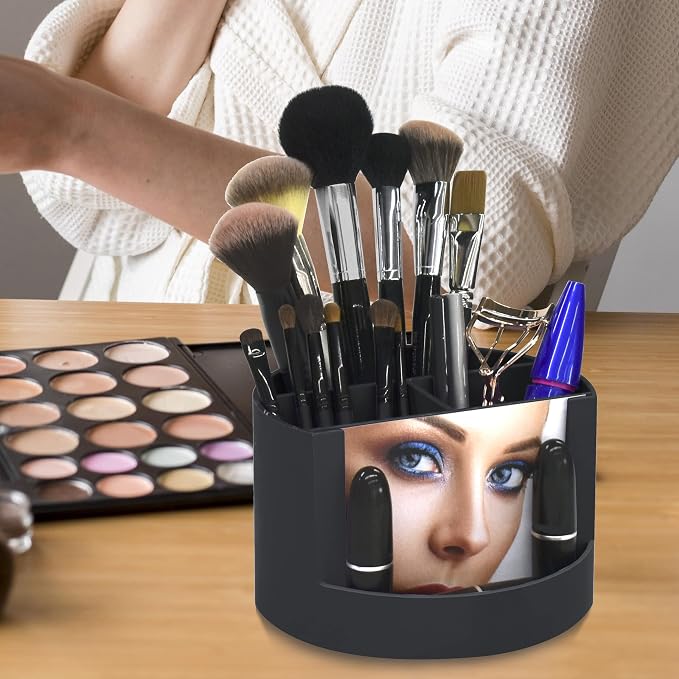 Acrimet Compact Desktop Organizer, 4 Spacious Slots, Round Pencil and Accessories Holder with Photo Slot, Ideal for Office, Art Supplies, Vanity Storage, and Home Organization (Black Plastic)