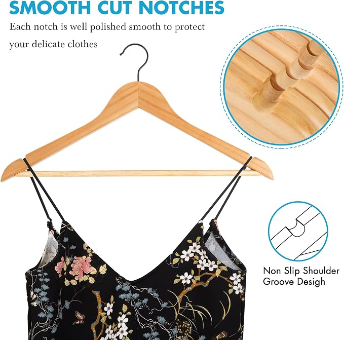 JS HANGER Wooden Hangers 30 Pack, Natural Wood Suit Hangers with Non Slip Shoulder Grooves, Clothes Hangers for Coats, Shirts, Jackets, Pants, Suits