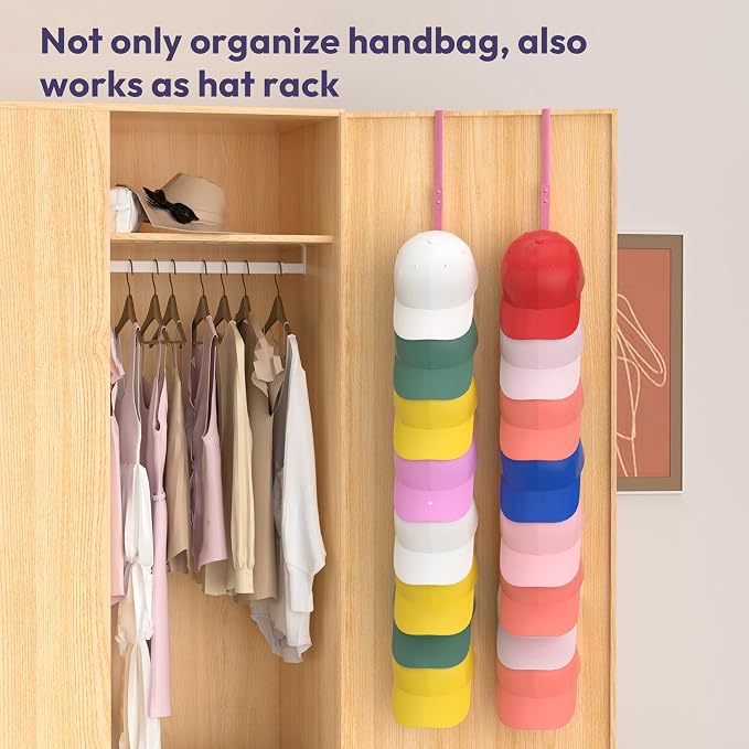SWTYMIKI Over the Door Purse Organizer - 2 Packs Wall Mounted Purse Rack with 8 Hooks Design, Hanging Handbag Organizer Storage Holds up to 16 Bags, Bag Rack for Closet, Door(Pink)