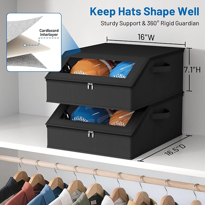 AOODA 2 PCS Sturdy Hat Storage for Baseball Caps, Holds up to 48 Caps Clear Hat Organizer for Closet, Bedroom, Wide Hat Box with Cardboard (Pure Black)