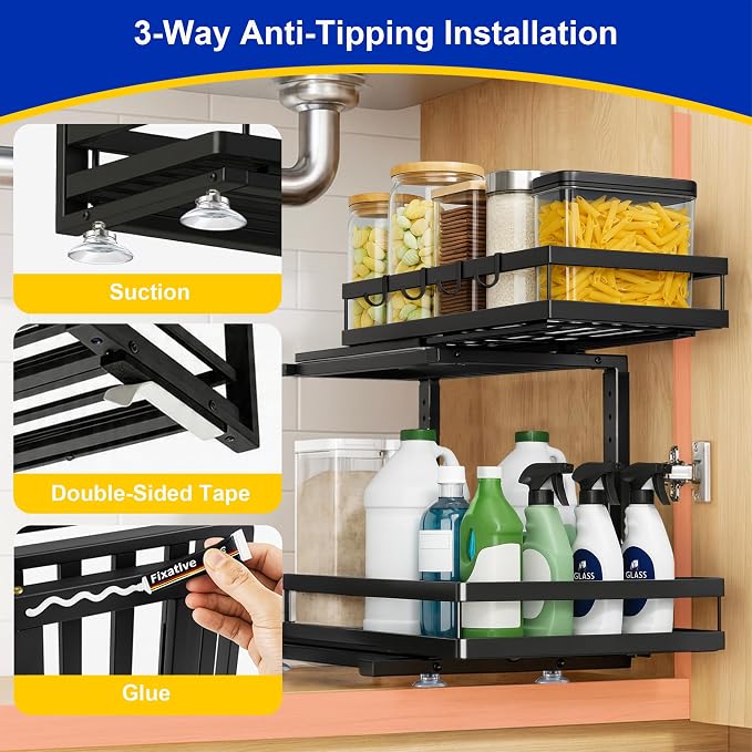 2-Tier Under Sink Organizer, Metal Pull Out Shelf, Black | Carbon steel, ball-bearing pull-out, 6-level adjustable, no-drill setup, for under-sink pipes and bottles