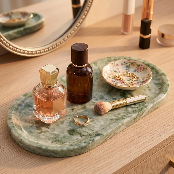 YKAJO Cloud Jade Oval Marble Tray, 11.8x5.9 Vanity Perfume Organizer Dish | Honed natural stone; jewelry & trinket dish, ring & key holder, soap & candle catchall; bath counter, dresser, coffee table