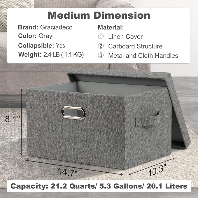 Graciadeco Medium 15" 21 Quart Collapsible Stackable Storage Bins with Lids, 1 Pack Gray Foldable Fabric Closet Storage Boxes with Lids, 4 Handles Heavy-duty Linen Cube Baskets for Bedroom