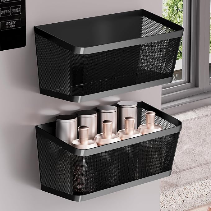 2Pcs Magnetic Spice Rack for Fridge Magnet Hanging Basket Holder for Seasonings Fruit Vegetables Coffee Beans Magnetic Organizer Shelf, Kitchen Refrigerator Organizers
