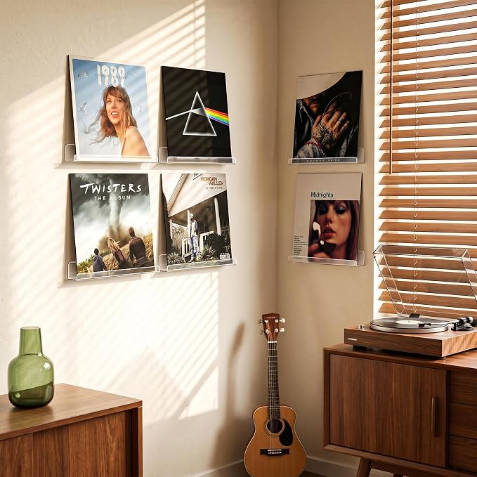 Laurensory Vinyl Record Wall Mount Shelves, 12 inch Vinyl Holder, 8 Pack | Clear Acrylic Floating Shelves for Album Record Storage Display, Wall Decor, Magazine Rack, Kids Bookshelf, Picture Ledge