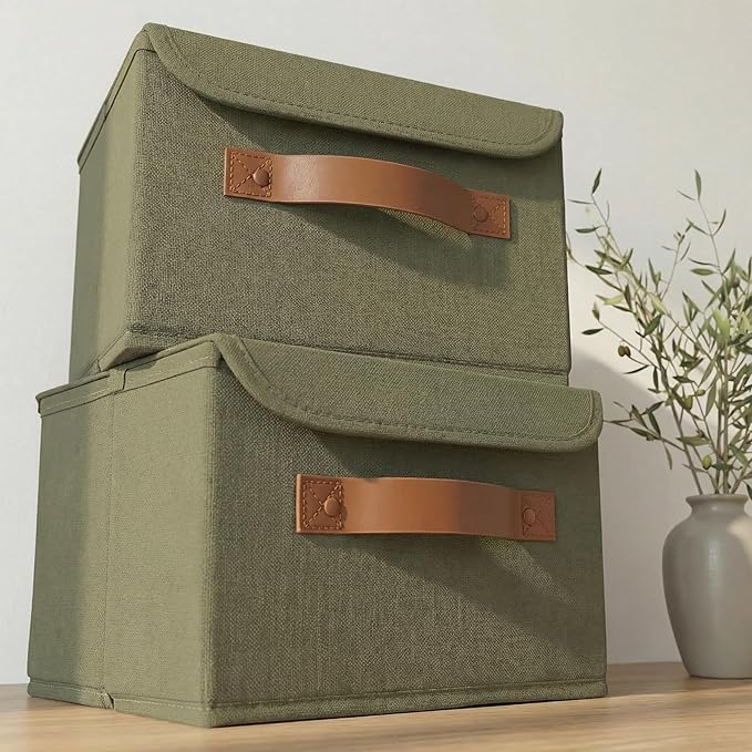 Decorative Linen Storage Boxes with Lids - Spacious Set of 2 Organizer Bins for Your Home Decor - The Perfect Small Container to Safely Store Photos, Documents and Memory Box Keepsakes in Style