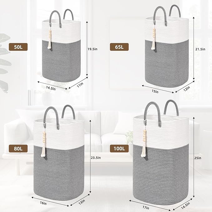 Woven Laundry Basket for Clothes, 50L Large Rectangle Laundry Hampers with Beads Tassel, Nursery Storage Basket for Toys, Tall Dirty Clothes Hamper for Bedroom Aesthetic, Laundry Room Organization