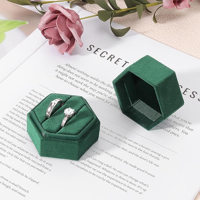 DesignSter Velvet Jewelry Ring Box,2 Slots Jewelry Ring Gift Box Vintage Ring Display Holder with Detachable Lid for Proposal, Engagement, Wedding, Ceremony(Dark green)