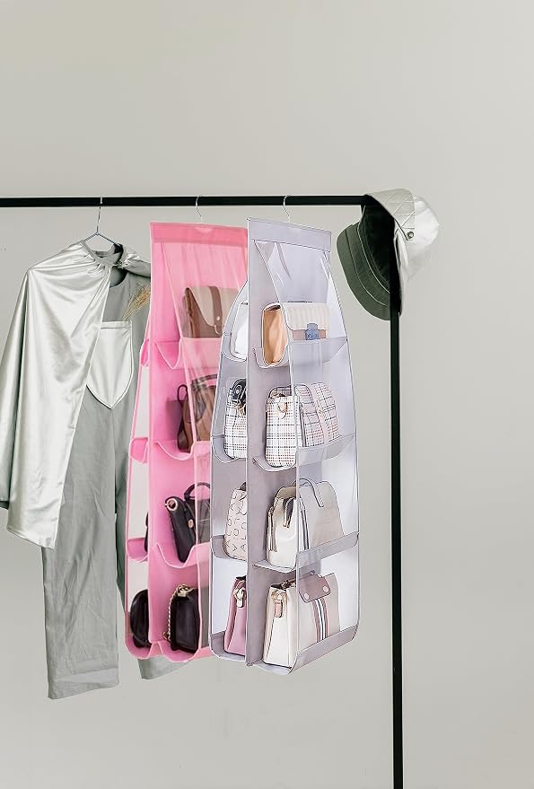 AARAINBOW 2 Packs Hanging Handbag Purse Organizer, Hanging Hand Bag Organizer Wardrobe Closet Purse Holder, 8 Pockets, 43.3L x 14.1W (B Gray Light Pink)