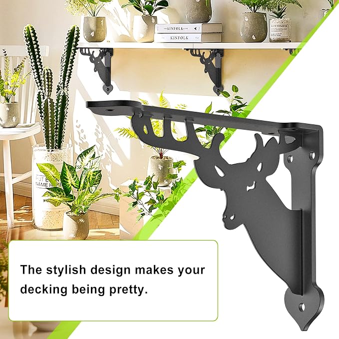 SELEWARE Heavy Duty Shelf Brackets 10 Inch, Deer Shelves Brackets, 300LB Capacity Decorative Metal L Brackets for Floating Shelves, Black Rustic Wall Mount Shelving Bracket with Screws, 2 Pack