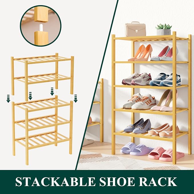 Smiry Bamboo Shoe Rack for Closet, 3 Tier Long Wooden Shoe Organizer, Stackable Wood Shoe Storage Shelf for Entryway, 14 Vertical Slats, One-piece Heavy-Duty Legs, 33.86"x11.02"x18.31", Natural