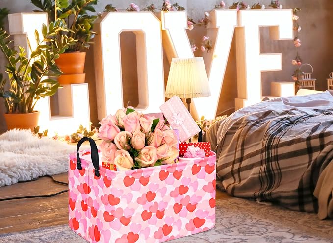 Rectangular Valentines Basket Storage Bin for Shelves Girls Gifts Baskets Foldable Box with Handles for Home Office Car Dormroom Valentine's Day Party Supplies
