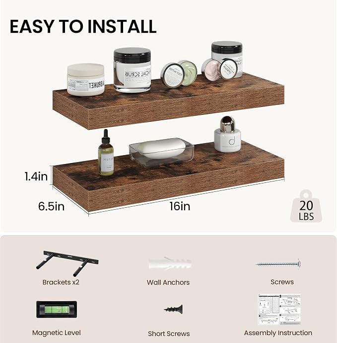 Vivelove 16 Inch Floating Shelves Wall Mounted for Display, 6.5 Deep Duty Shelves with Invisible Brackets for Living Room,Bedroom,Kitchen, Bathroom Storage & Decor,16" Wx6.5 Dx1.4 H - Rustic Brown