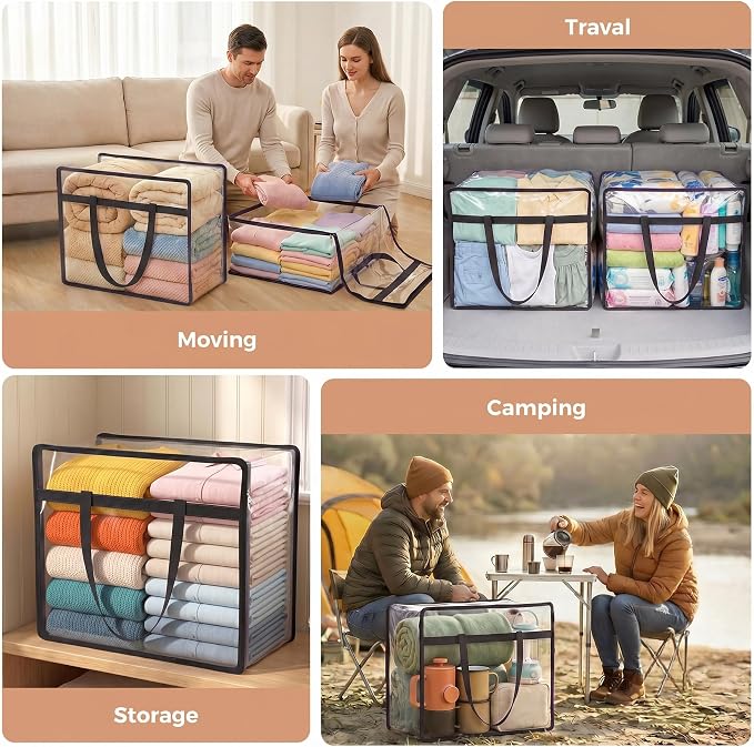 Budding Joy Clear Zippered Storage Bags for Clothes,40L Closet Organizers and Storage Containers Vinyl Moving Bag for Bedding, Linen, Blankets, Comforters, Clothing & Toys, Black, 4 Pack