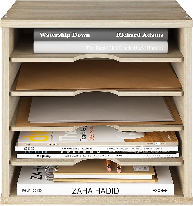Ballucci 5-Tier File Organizer for Desk, Mail Sorter, Office Desk Organization, Paper Storage Organizers, Folder Holder for Desk, Letter Trays & Stacking Supports, Brushed Wood