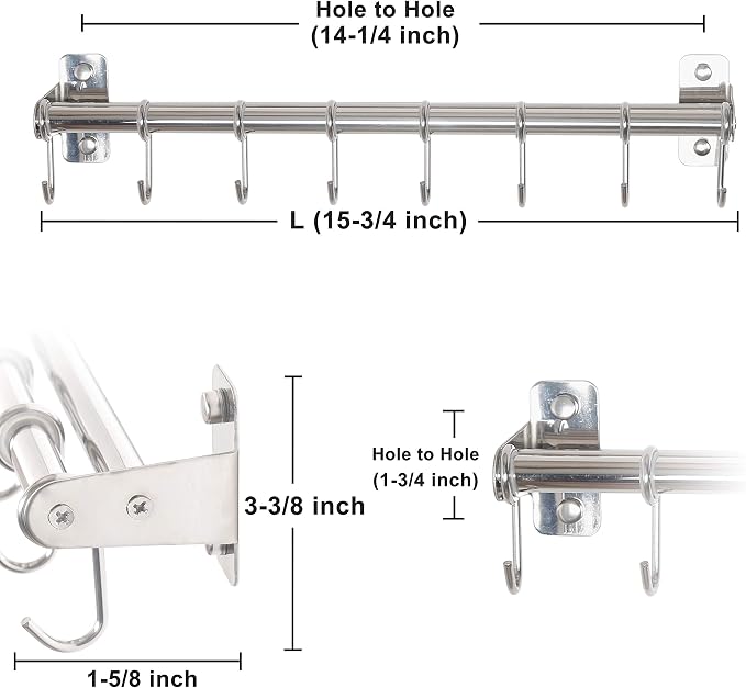 DSEAP Pot Rack - Pots and Pans Hanging Rack with 8 Hooks, Double Bars, Wall Mounted, Chromed