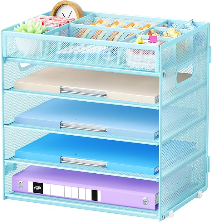 Marbrasse 5 Tier Paper Organizer Letter Tray, Mesh Desk File Organizer with Handle, Paper Sorter Desk Organizer for Home Office Supplies - Blue, Adjustable
