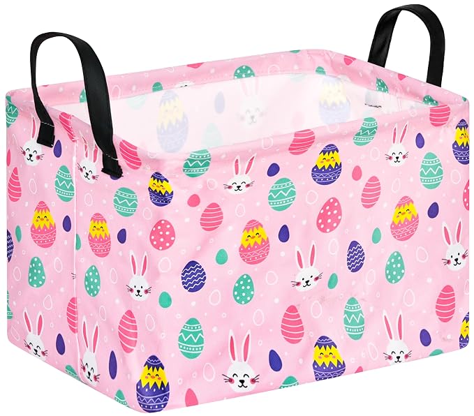 Rectangular Easter Basket Storage Bin for Shelves Cute Gifts Baskets Foldable Box with Handles for Boy and Girl Home Office Car Dormroom Easter Party Supplies