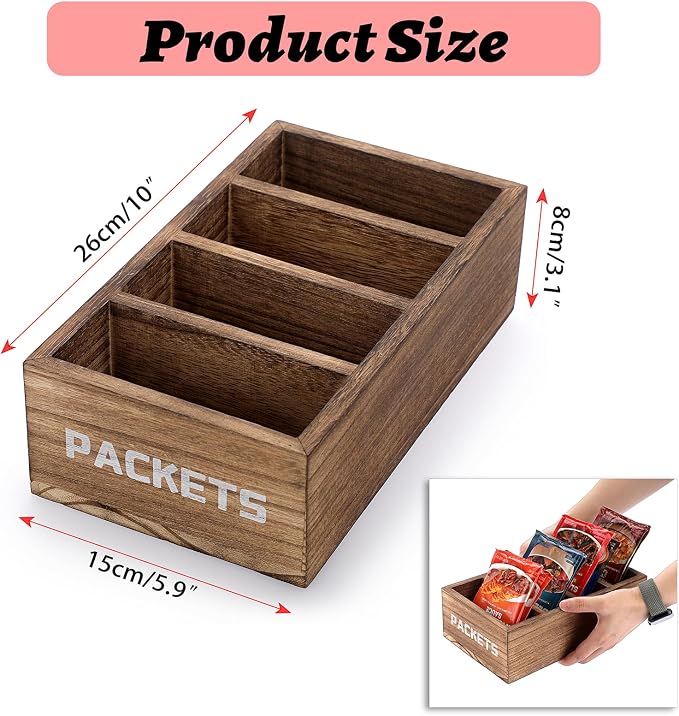BSTKEY Seasoning Packet Organizer, Food Packet Storage Organizer with 4 Compartments, Wooden Storage Caddy for Kitchen Pantry Cabinet, Farmhouse Kitchen Organization Bin for Snacks Spice Packets