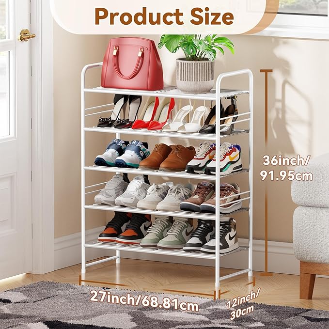Simple Shoe Rack, 5 Tier Heavy Duty Metal Shoe Shelf 27 Inch Wide, White