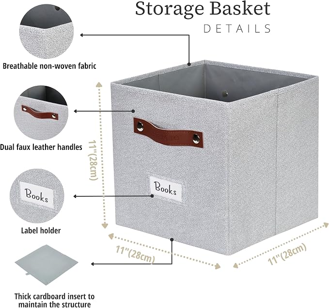DECOMOMO Storage Bins, Cube Storage Bin with Labels | 10.5" x 11" Fabric Storage Cubes for Shelves (6pcs, Light Texture Grey)