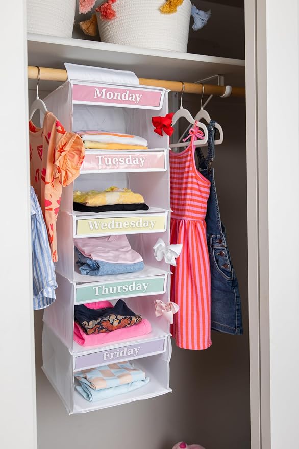 Three Sweet Peas Co Monday through Friday Hanging Weekly Clothes Organizer for Kids