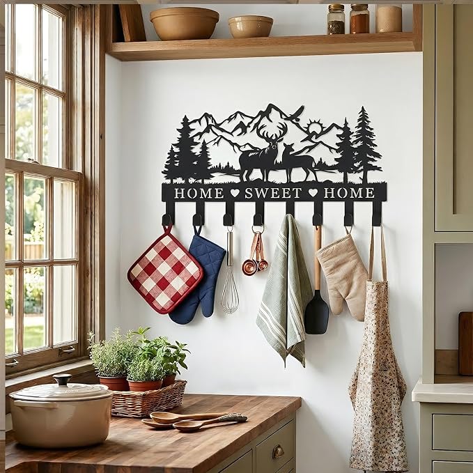 Deer Metal Key Holder for Wall, 14.5" X 9.2", Key Hooks for Wall Organizer, Key Rack, Forest Theme Coat Hat Towel Hooks, Ideal for Living Room, Hallway, Office