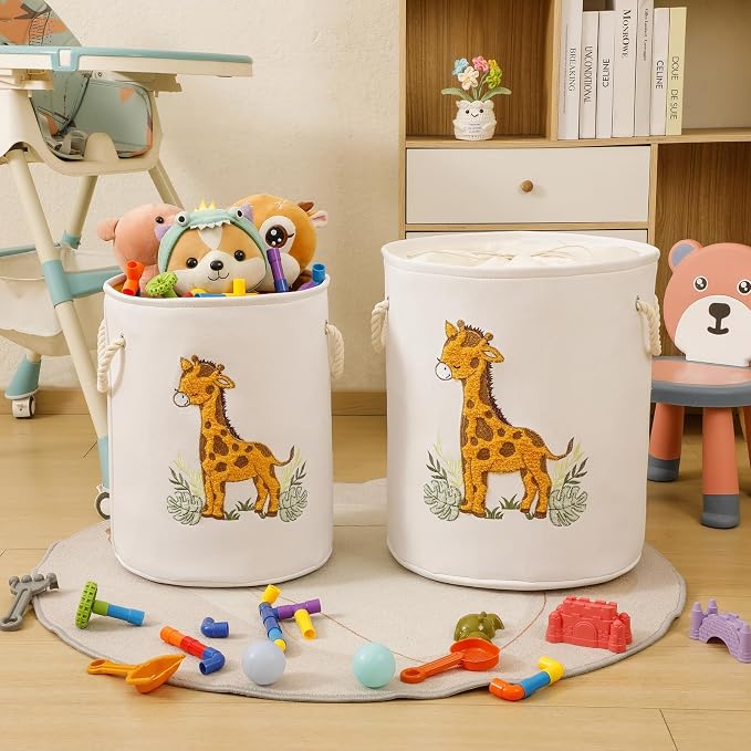 Kids Laundry Basket Baby Hamper for Nursery, Canvas Dirty Clothes Hampers with Drawstring Closure, Jungle Theme Baby Basket, Animal Baskets for Toys Laundry Hamper, Safari Nursery Decor, Giraffe