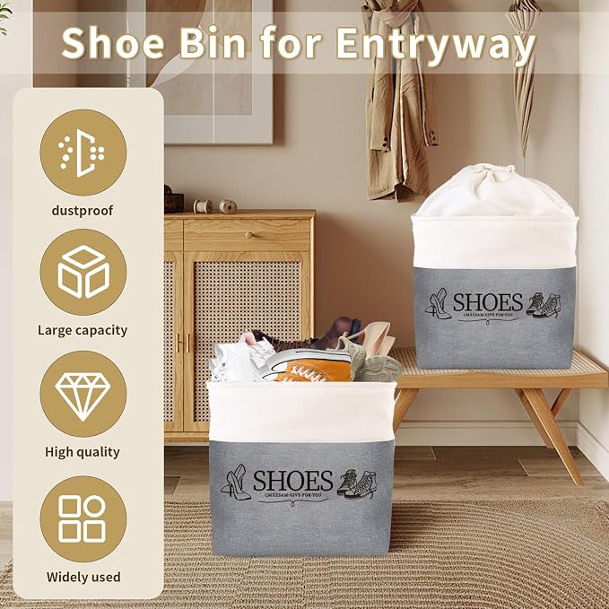 Shoe Basket Organizer, Large Capacity Fabric Entryway Shoe Storage Bin with Handle, Flodable Space-Saving Shoe Basket for Entryway, Hallway, Entryway and Mudroom