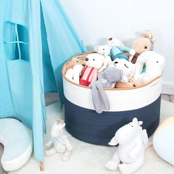 MINTWOOD Design Extra Large 22 x 14 Inches Decorative Woven Cotton Rope Blanket Storage Basket Bin Living Room and Laundry Hamper for Pillows, Pool Towels, Dog Toys, Shoes, Prussian Blue