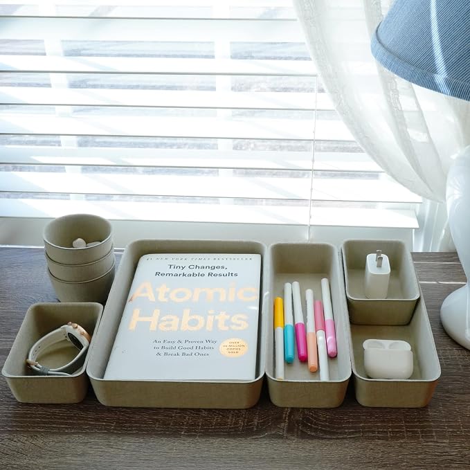 Welaxy Office Desk Drawer Organizers Trays Felt Shallow organizing Box Draw dividers for Office Supplies Scarves Socks Multi-purposed Organize 8-Piece (Stone)