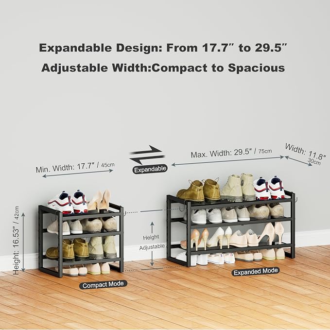 CHEMPFR Expandable & Stackable Metal Shoe Rack, Heavy-Duty Adjustable Shoe Organizer with Mesh Shelves, Freestanding Shoe Storage for Entryway Closet Garage (Black 3-Tier)