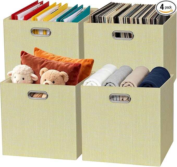 Posprica Foldable Storage Bins,13×13×13 Storage Cubes Boxes Baskets Containers for Shelf Bookcase,Thick Fabric Drawers - Set of 4, Yellow/Beige mixed