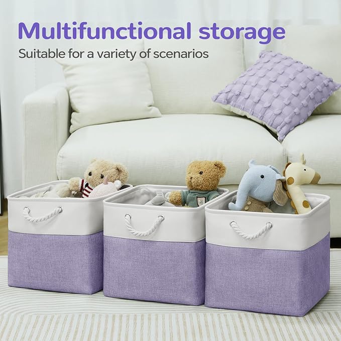 13 x 13 Inch Cube Storage Bins, 6 Pack Fabric Storage Basket with Handles, Foldable Boxes Organizer for Shelf Baskets for Home, Clothes (White/Purple)