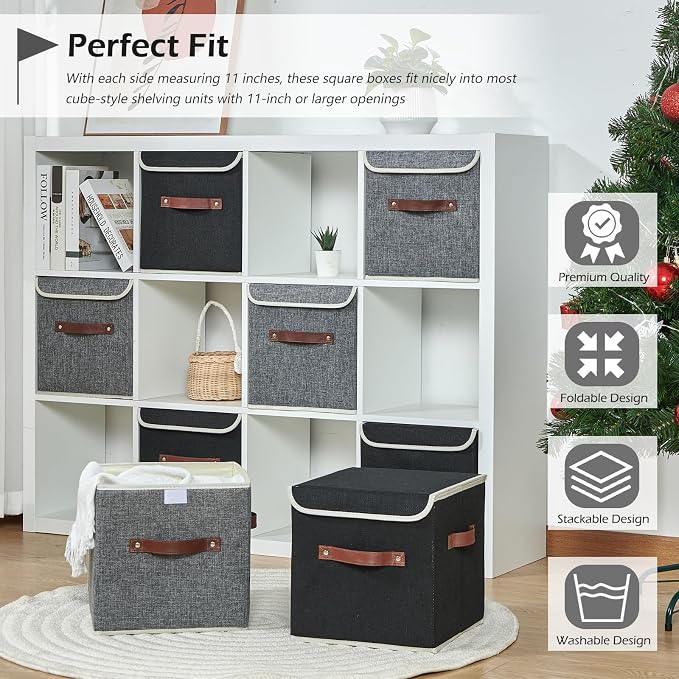 4PCS Storage Cubes with Lid Fabric Storage Bins Boxes PU Leather Handles Cotton Linen Closet Organizer Container Decorative Foldable Washable Shelf Cloth Basket (Flip-top Lid, Black, 11in)