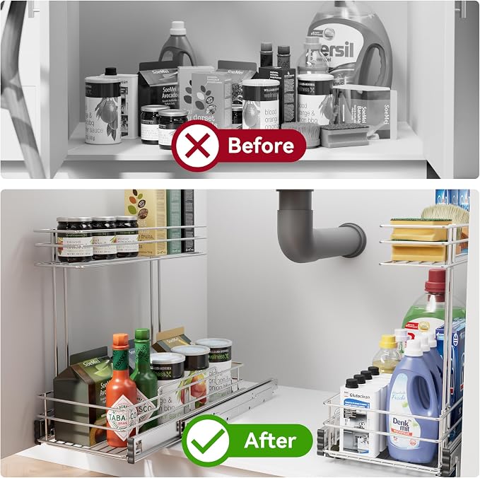 Under Sink Organizer 9" W X17 D, Pull Out Cabinet Organizer 2 Tier, Under Sink Slide Out Chrome Plated, Under Kitchen Bathroom Organizer, Pantry Cabinet Closet Organization Rack, 1 Pack