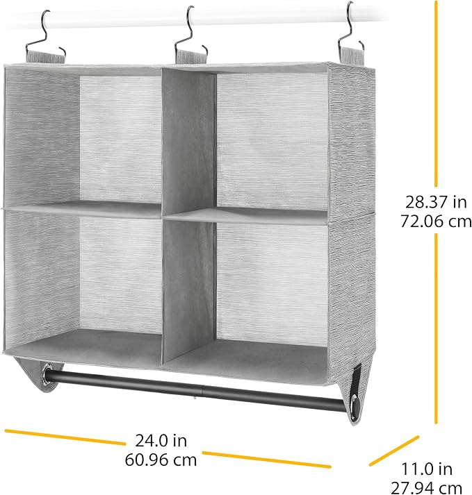 Whitmor Hanging Closet Organizer - 4 Section Closet Organizer with Garment Rod - Space-Dyed Grey