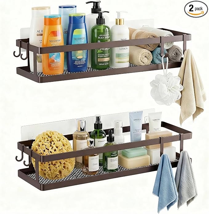 PUSDON 2-Pack 16.5" Extra Long Slim Shower Caddy, Adhesive Wall Mount Bathroom Organizer, Rustproof Open Frame Mesh Spice Rack for Kitchen, Holds 50LBS - Vintage Bronze, Guardrail