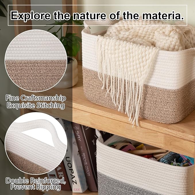 OIAHOMY Woven Storage Basket for Shelves, Rectangle Cotton Rope Baskets for Organizing, 13 x 10 x 9 in, Storage Bins for Dog Toys,Towel,Books,Gift,Brown and White