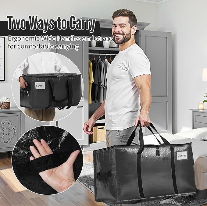 BAGAIL Heavy Duty Moving Bags with Strong Handle, Extra Large Moving Boxes, Storage Tote for Clothes, College Moving Supplies(Black, 2 Pack)