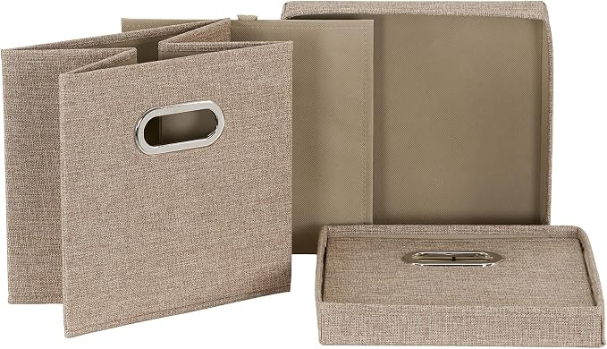 Household Essentials 802-1 Café Cube Bin Storage Set with Lids and Handles | 2 Pack, Brown Linen