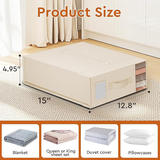 StorageTastic 2 Pack Bed Sheet Closet Organizers and Storage,Sturdy Foldable Storage Containers with Window and Label,Storage and Organization for Bedding Sheets,Duvet Covers,Blankets (Beige)