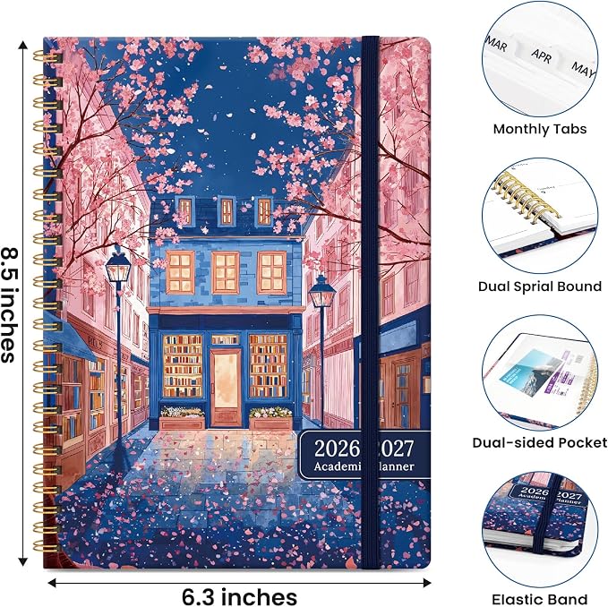 Planner 2026-2027, Hardcover Monthly and Weekly Academic Planner July 2026 - June 2027, Teacher and Student Calendar Agenda Book with Tabs, A5 (6.3" x 8.5"), Ideal for School and Office, Cherry Lane