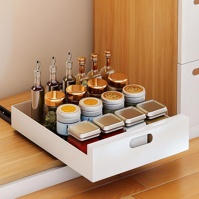 bealy 1 Pack Pull Out Cabinet Organizer Adhesive, 12'' W x 16.9" D x 3.1'' H Heavy Duty Carbon Slide Out Pantry Shelves, Sliding Drawer Pull Out Pantry Shelves for Kitchen, Living Room, Home
