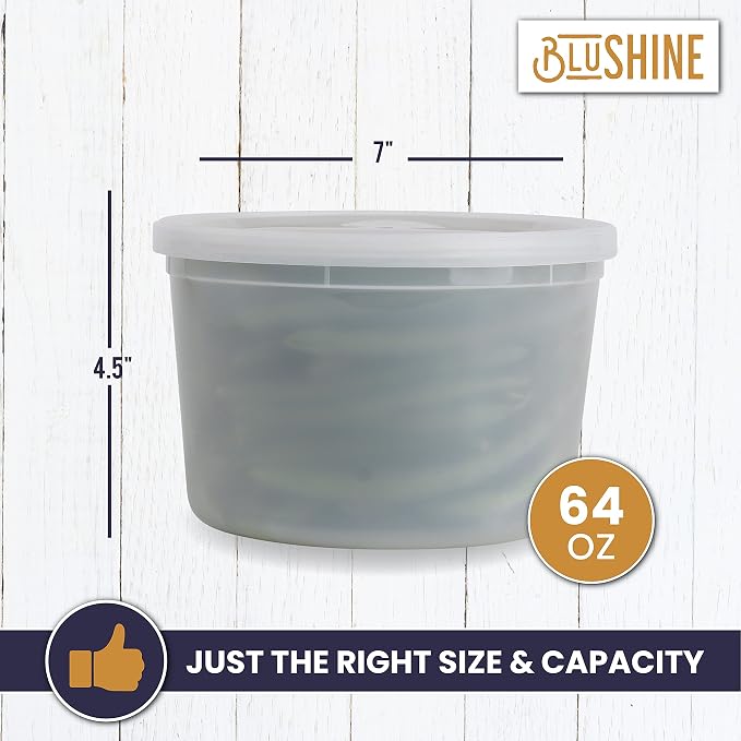BluShine Deli Containers with Lids, Plastic Food Storage Containers | 64 oz, 12 sets Plastic Deli Food Storage Containers with Airtight Leak Proof Lids, Reusable, Microwave and Freezer Safe