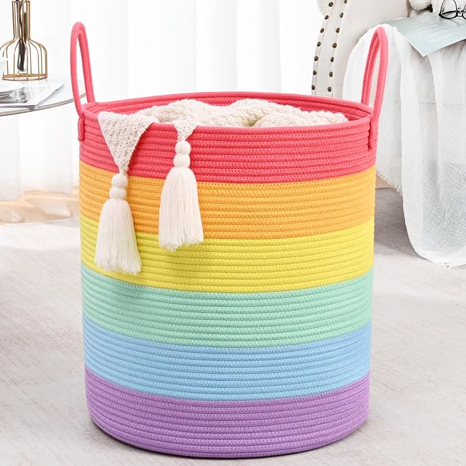 Laundry Hamper for Organizing, 52L Large Laundry Baskets, Cotton Rope Woven Blanket Basket, Collapsible Laundry Hamper for Living Room, Nursery, 15"×18", Rainbow