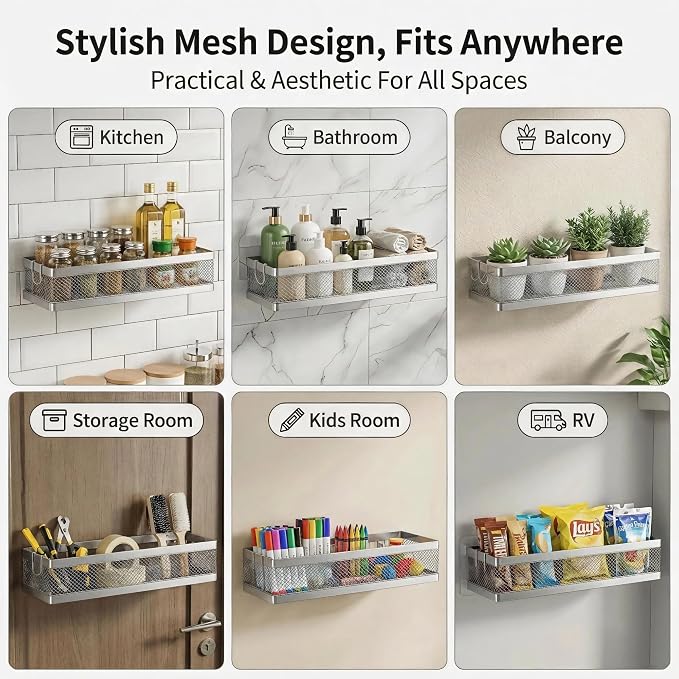 PUSDON 16.5-Inch Extra Long Slim Mesh Shower Caddy, Wall Mounted Bathroom Organizer with Adhesive, Heavy Duty Rustproof Shelf for Narrow Kitchen Pantry & RV, Holds 50 LBS Silver Gray -2 Packs Netting