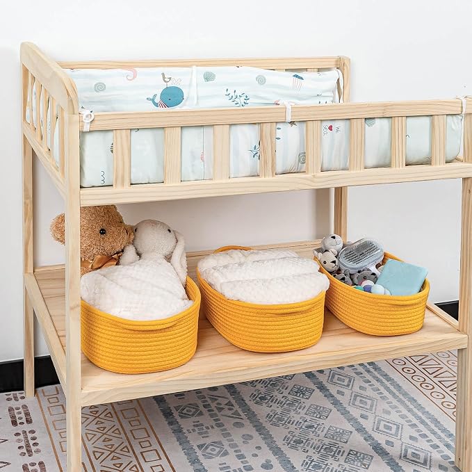 CubesLand Small Storage Basket Cotton Rope Organizer Baskets for Shelves | Set of 5 Decorative Closet Storage Bins with Handle for Countertop, Toilet Paper Basket for Toilet Tank Top, Yellow Basket